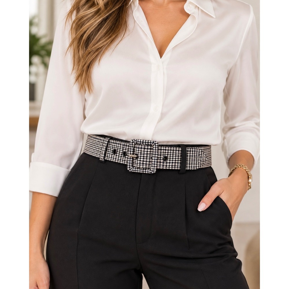 Doncaster Women Black White Gingham Check Fabric Belt Square Buckle Size 14